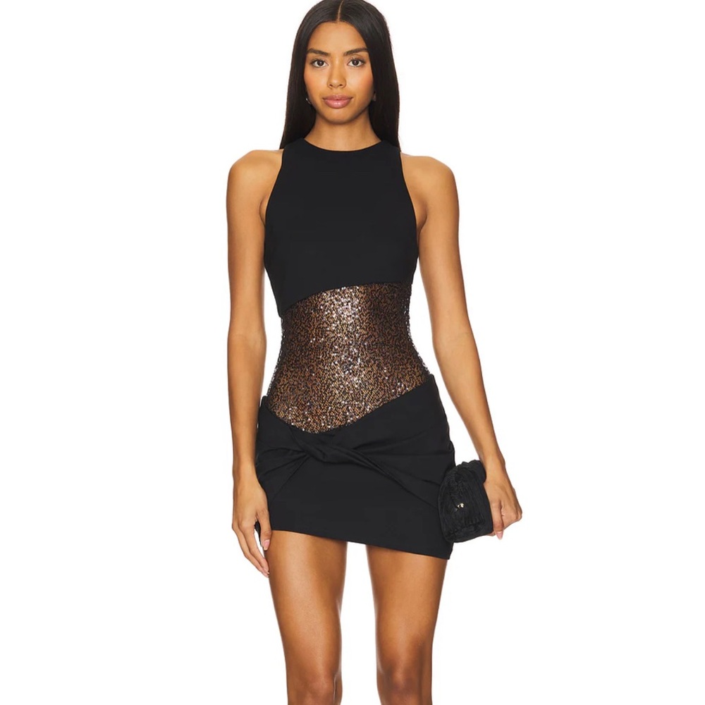 Camila Coelho Black Mini Dress with Bronze Sequin Waist
